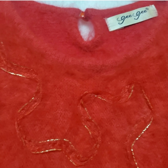 Vintage Gee Gee 80s LG Red Angora Lavish Sweater Pullover Ribbon Beaded W19 - Picture 2 of 15